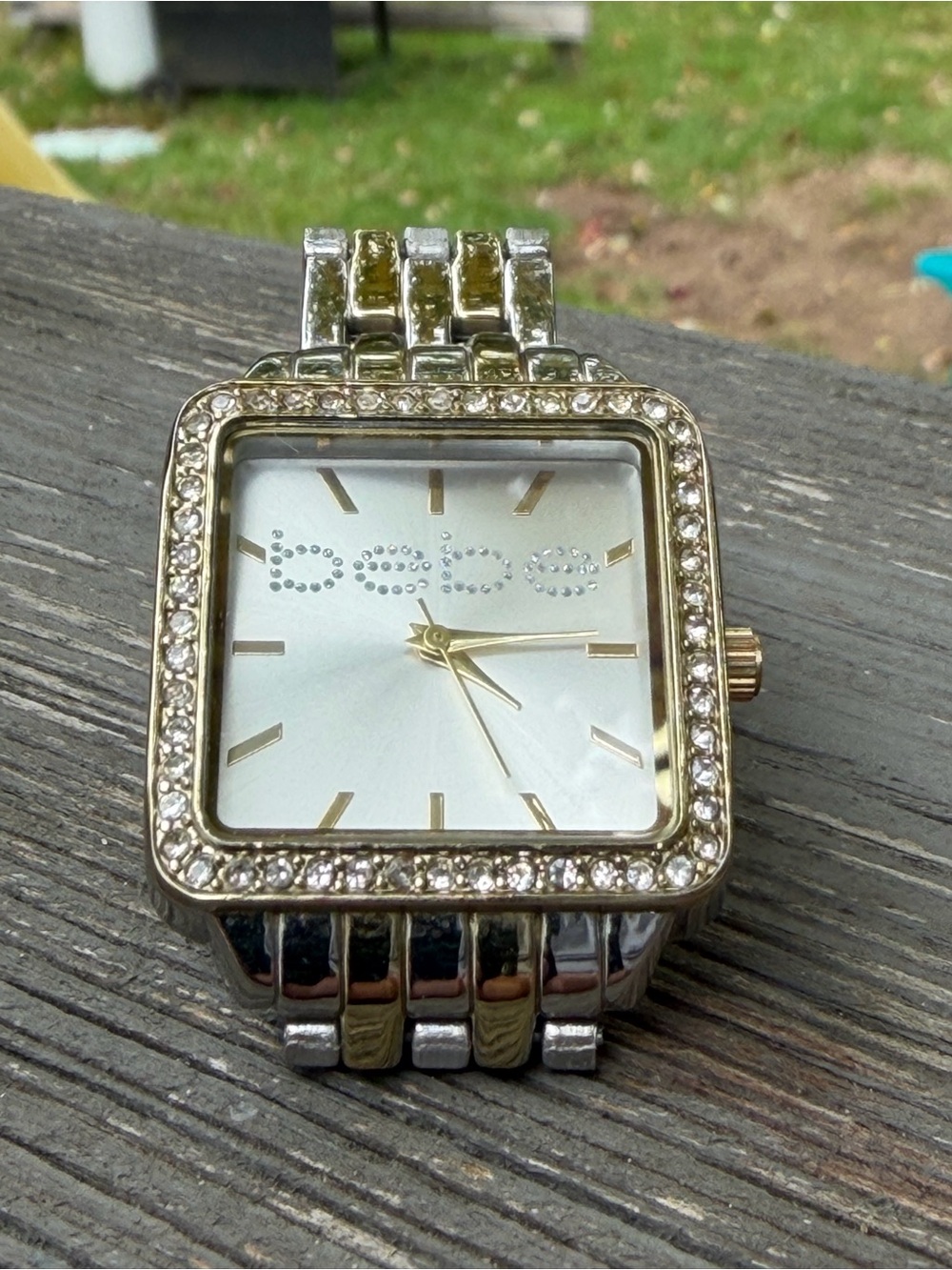 bebe Two-Tone Gold and Silver Crystal Accent Women's Square Watch